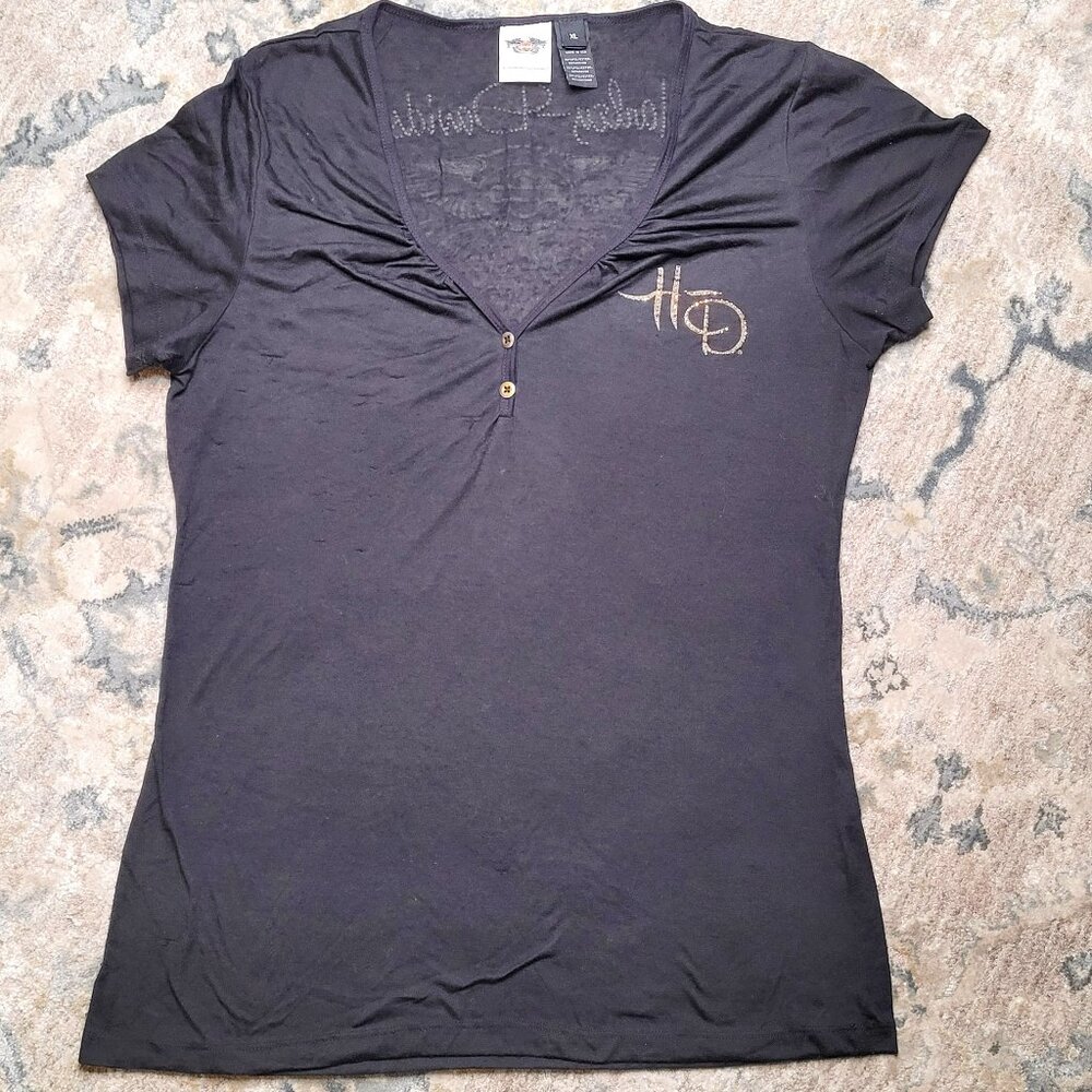 Harley-Davidson Black & Gold Embellished V-Neck Tee – Size XL